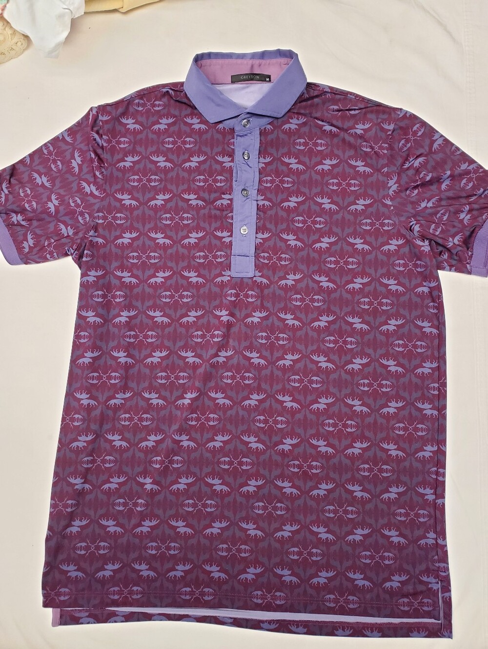 Greyson Golf Polo Medium Burgundy Purple Wildlife Print Made Peru Luxury Perform